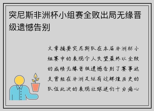 突尼斯非洲杯小组赛全败出局无缘晋级遗憾告别